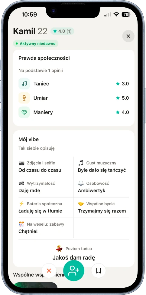 Profil w BeMy +1: opinie społeczności, gust muzyczny, osobowość i podejście do wspólnego wyjścia.