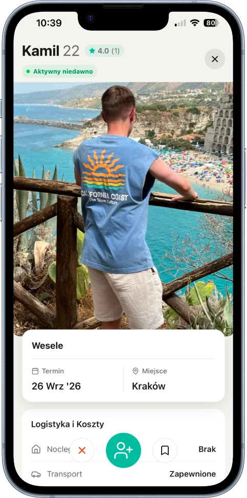 Podgląd profilu ze zdjęciami oraz informacjami o terminie i miejscu wydarzenia.